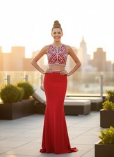 Red 2 Piece Beaded Stretch Jersey Prom Dress Size 2 Formal Holiday gown