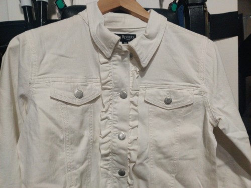Women's Kim Rogers Petite White Stretch Ruffle Denim Jacket Size PM - Picture 4 of 8
