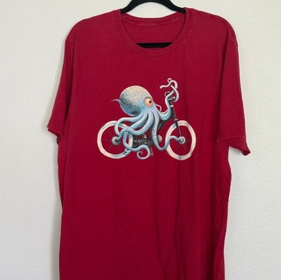 Octopus Riding Bicycle Graphic Tee Mens Large Maroon Biking Cyclist T-Shirt