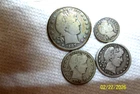 SILVER BARBER COINS LOT OF 4=1907-D Half Dollar,1908-O,1906-O QUARTERS+1914 DIME