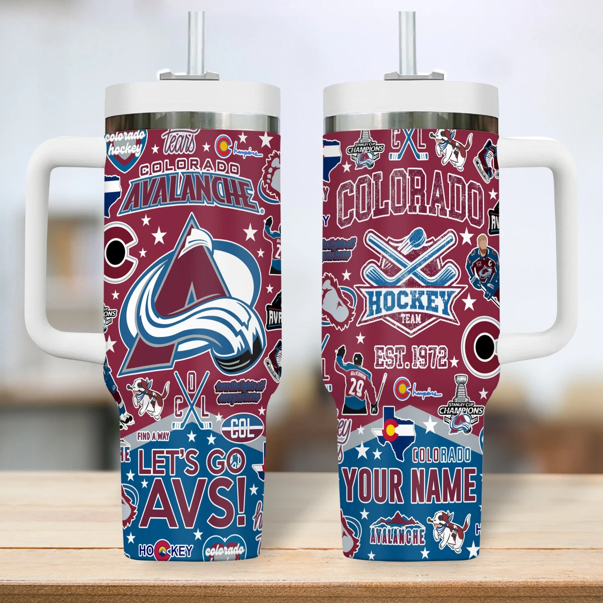 Custom Burgundy Blue Avs Pride Hockey Fan Gift Tumbler 40oz With Handle