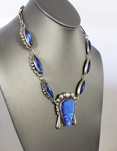 VTG Taxco Mexico Sterling Silver Cobalt Blue Carved Mask Necklace & Earrings Set - Picture 2 of 7
