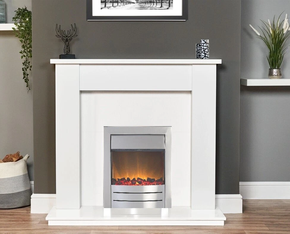 ELECTRIC FIRE WHITE WOOD FIREPLACE MODERN SURROUND SUITE LED SILVER FLAME  BNIB | eBay