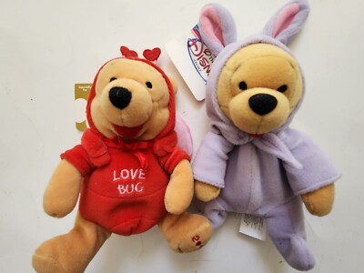 Disney Store Winnie the Pooh Love Bug & Easter Bunny 8'' Mini Bean Bag Plush VTG