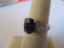 Sterling Silver Real Black Sapphire large center stone 6 small Round CZ's Size 9