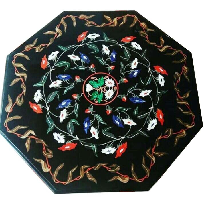 30-Inch Black Marble Coffee Table with Pietra Dura Handicraft Decor