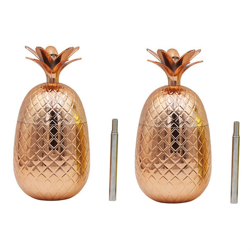 2 Ananas-Getränkebecher 450ml Mit Strohhalm - Goldene Hawaiianische Party-Becher