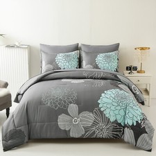 WONGS Floral Gold Black Queen King 7PC Comforter Set Soft Microfiber Bedding