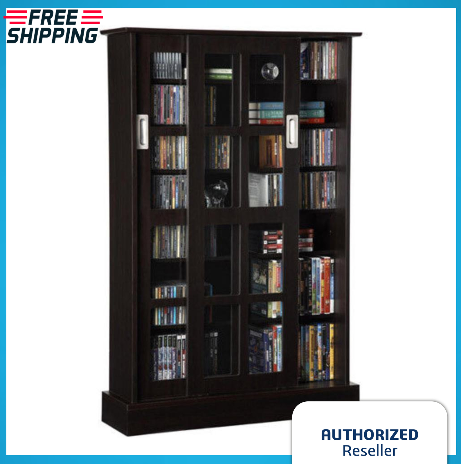 4 Shelf Wood Bookcase With Sliding Glass Door Book Curio Storage