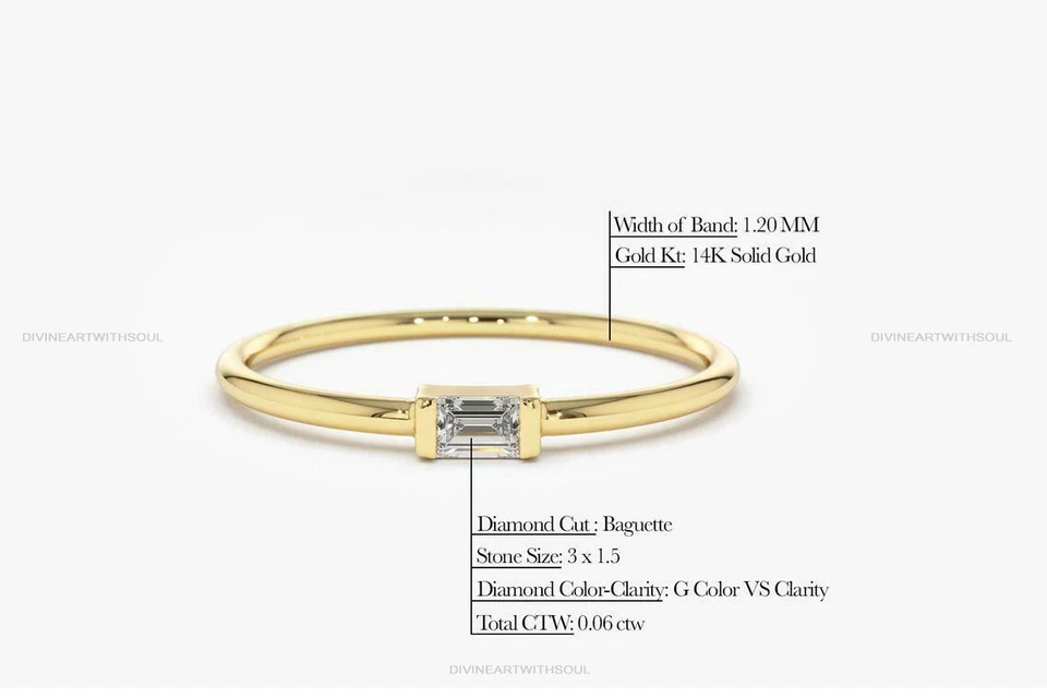 Solid Gold With Natural Brilliant Cut Baguette Diamond 14k Gold Stacking Ring - Image 3 of 4