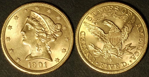 1901-S $5 Liberty Gold Half Eagle US Gold Coin, BU, Stunning!