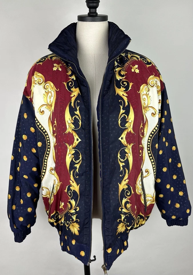 Chaqueta acolchada vintage años 90 para mujer pequeña relleno barroco lunares azul marino Foto 3 de 4