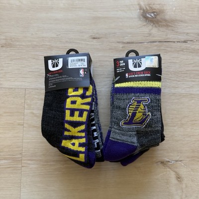NBA Lakers Kids Socks 6 Pairs Crew Black Gray Yellow 7-9 Shoe 2-5 NWT