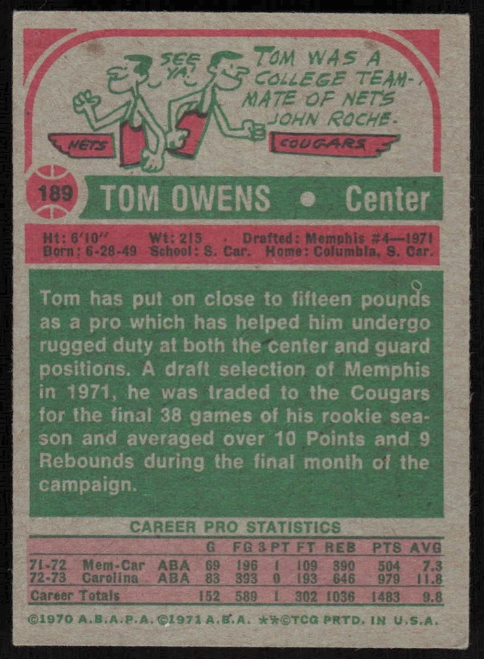 1973-74 Topps #189 Tom Owens - $1 SHIPPING (JB) - Image 2 of 2