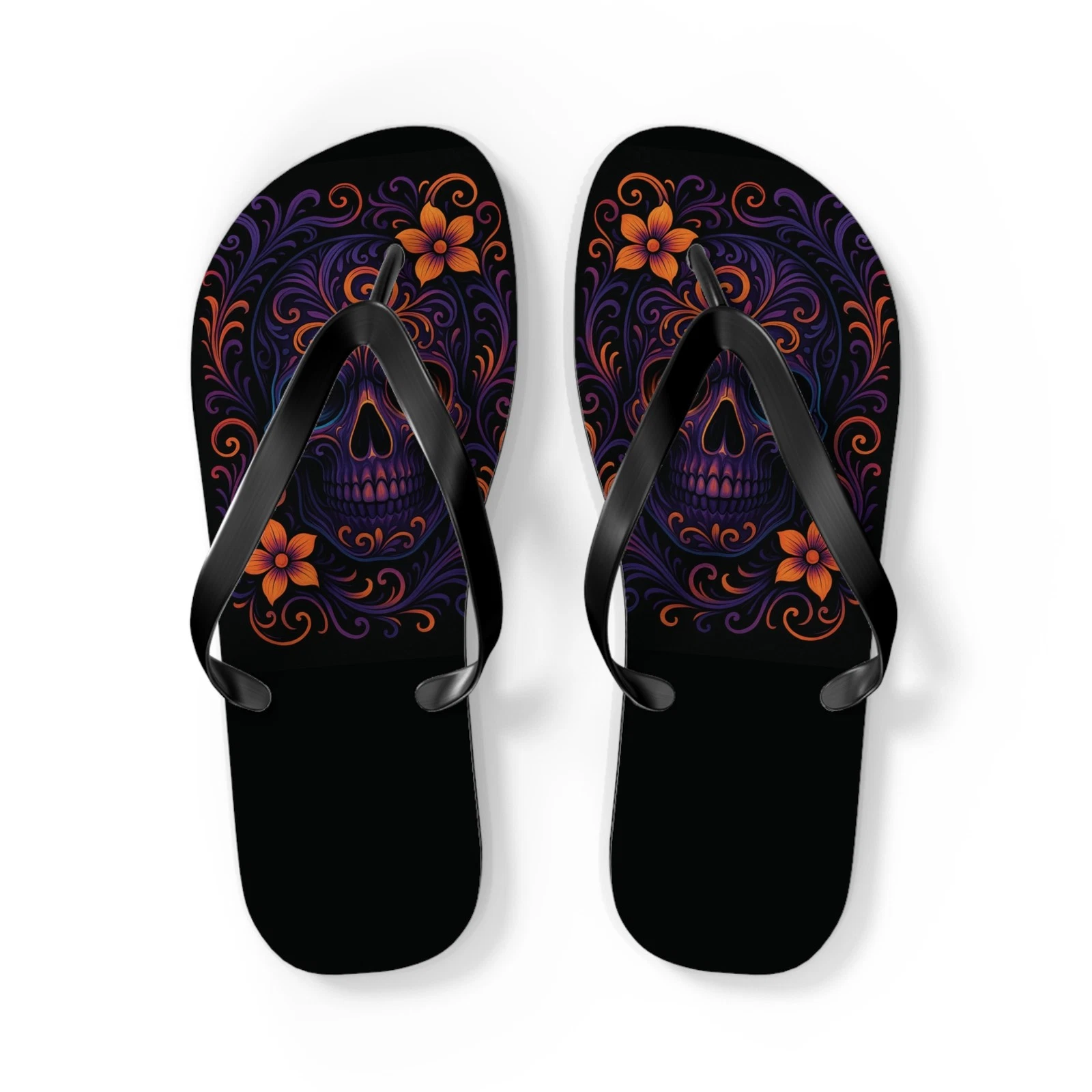 Skull and Floral Flip Flops by AAG Designs, Gothic Slippers, Summer Footwear,