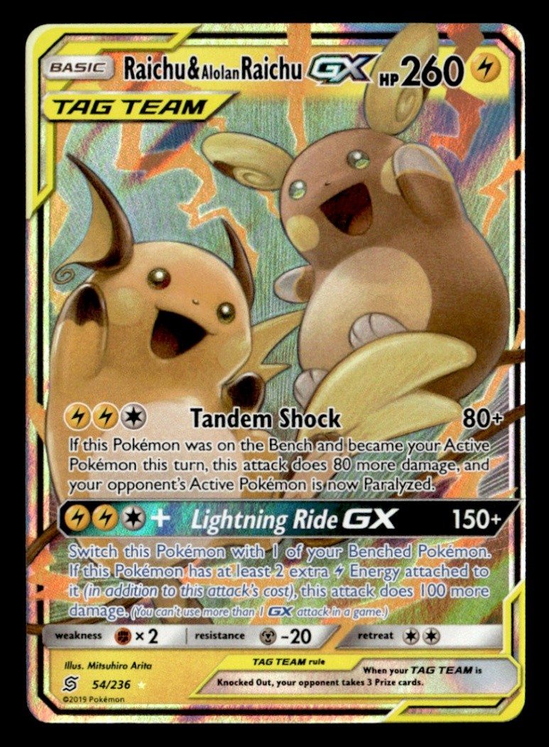 Raichu & Alolan Raichu GX Ultra Rare  SM - Unified Minds 54/236 NM Pokémon TCG