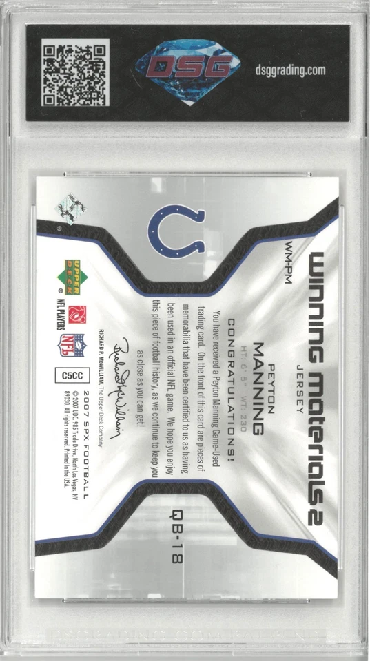 2007 Upper Deck SPx PEYTON MANNING Winning Materials 2💎 DSG 9.5 Mint+ - Image 2 of 2