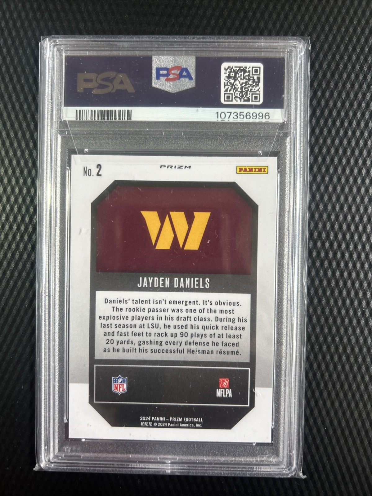 Jayden Daniels 2024 Emergent Green Prizm PSA 9 Mint Rookie Card view 2