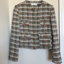 MNG Mango Tweed Cropped Jacket Blazer Jewel Button Lined Parisian Classic S