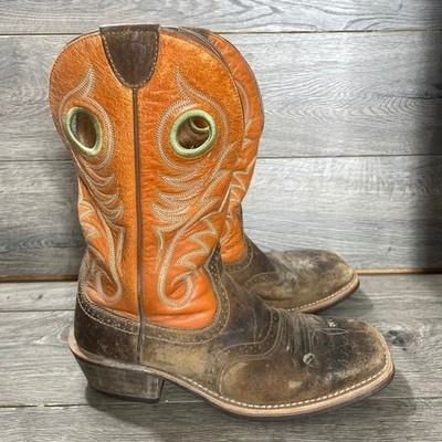 Ariat Cowboy Boots Mens 9.5 D Brown Orange Distressed Square Toe Western Country