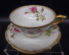 Vintage Royal Sealy Tea Cup & Saucer China Set Rose Spray Scalloped Gold Trim 