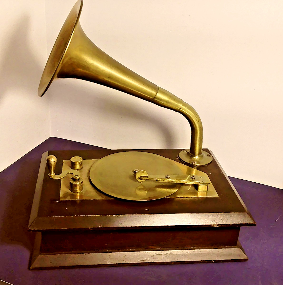 Vintage Style Victorian Brass & Wood Gramophone Music / Jewelry Box