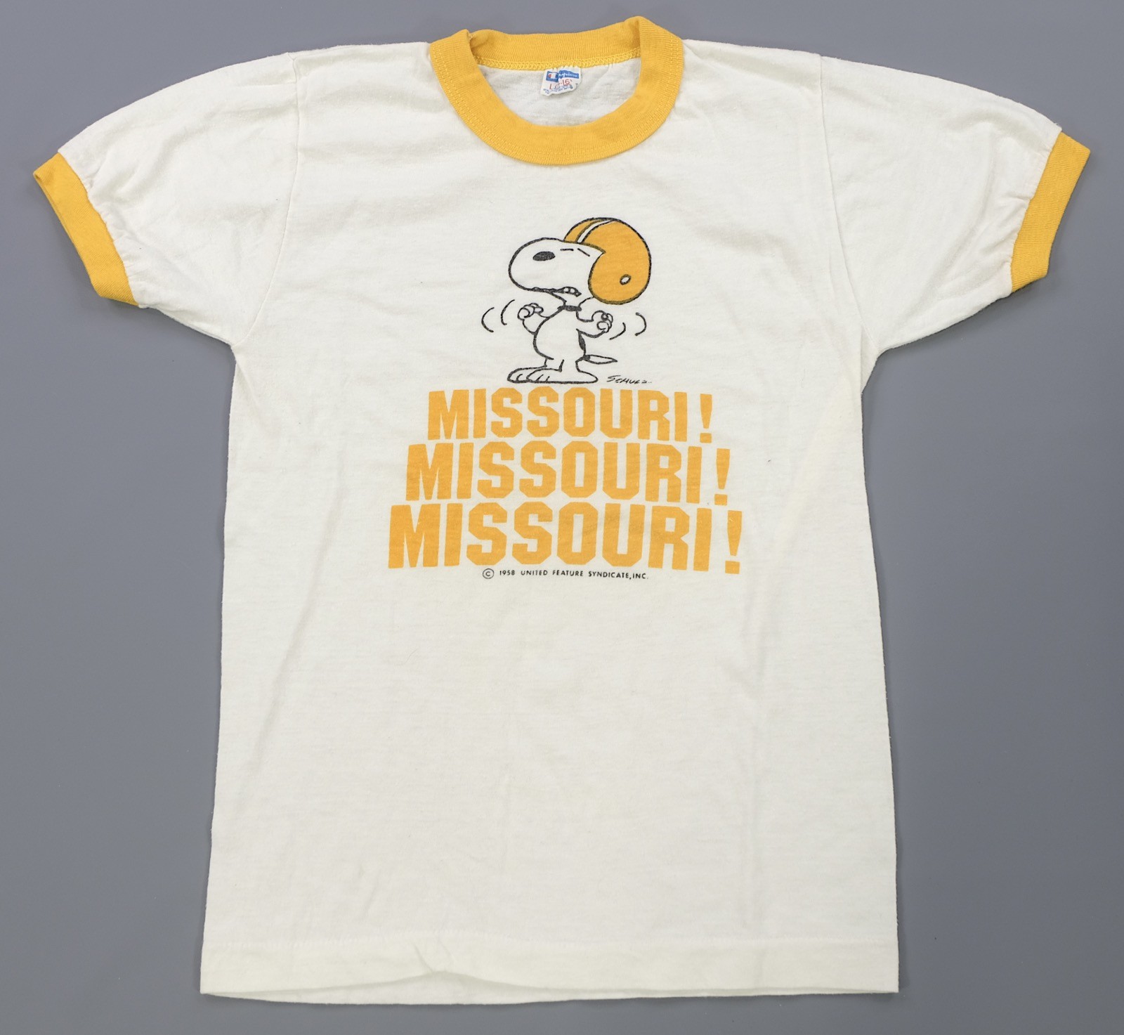 Rare VTG CHAMPION Snoopy Missouri Mizzou Tigers Ringer T Shirt 70s 80s Youth L