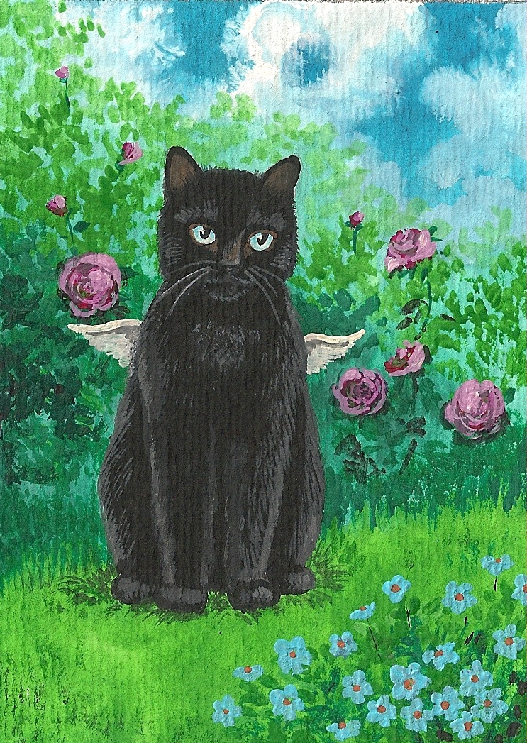 ピリオド4枚 PRINT OF ACEO PAINTING BLACK CAT ANGEL FAIRY ROSE GARDEN