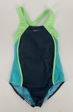 Speedo Youth Girls One-Piece Swimsuit 16 Green Teal Gray Keyhole Back