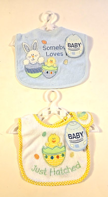 Baby Essentials 2 pc Lot Infant Embroidered Easter Bunny Eggs Bibs
