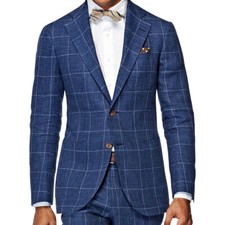 Navy Plaid Men's Suits Windowpane Casual Jacket Wedding Tuxedos Business Blazer