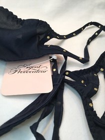 Vintage Agent Provocateur Liza Navy Blue Stretch Silk Thong Size AP 2 Small BNWT