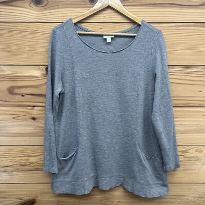 J Jill Shirt Womens Medium Petite Gray Pockets Long Sleeve Modal Tee Swing B152