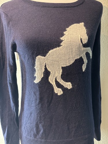 ann taylor pullover sweater xs long sleeve navy blue embroided horse - Picture 2 of 11