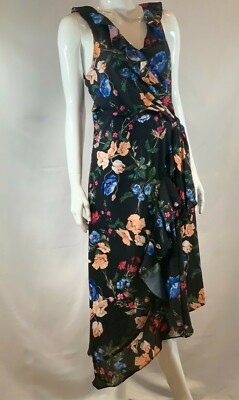 $398 NWT PARKER SzM SLEEVELESS RUFFLED FLORAL ASYMMETRICAL HEM DRESS BLACK CALLA