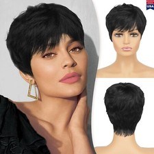 Short Black Wig Human Hair Everyday Wear Natural Hairstyle With Bangs USA