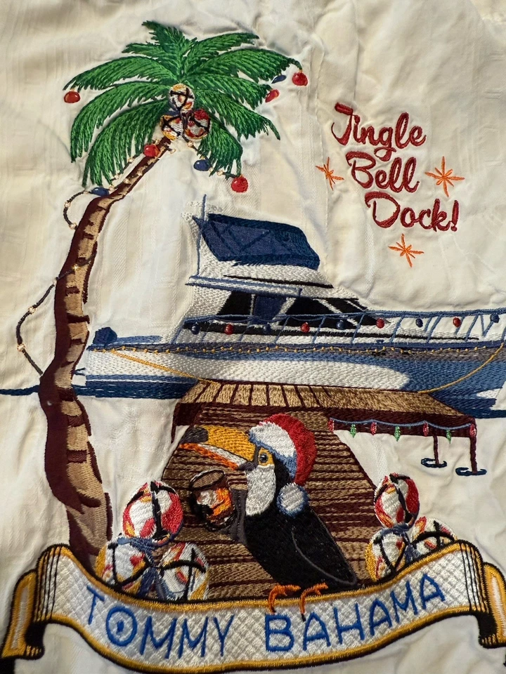 Рубашка мужская Tommy Bahama размер XL цвет слоновой кости шелк гавайский рождественский джингл колокол док винтаж - Изображение 3 из 4