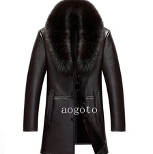Mens Real Fox Fur Collar Coat Real Sheepskin Leather Jacket Winter Warm Overcoat