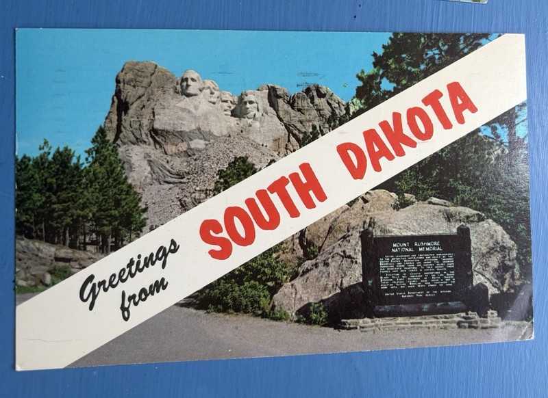 South Dakota Banner Greeting 1967 Postcard ~ Mount Rushmore National Memorial
