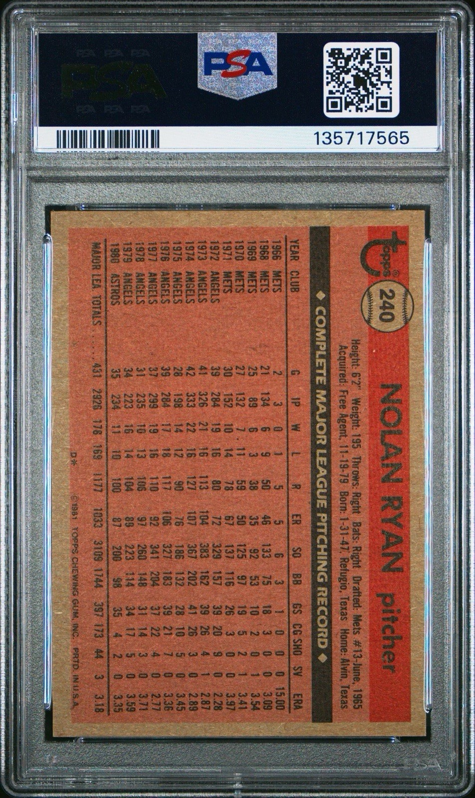 1981 Topps #240 Nolan Ryan PSA 8 view 2