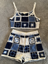 NWT Rebellion Again Crochet Shorts Set Crop Halter Tank Blue Cream Medium Lined