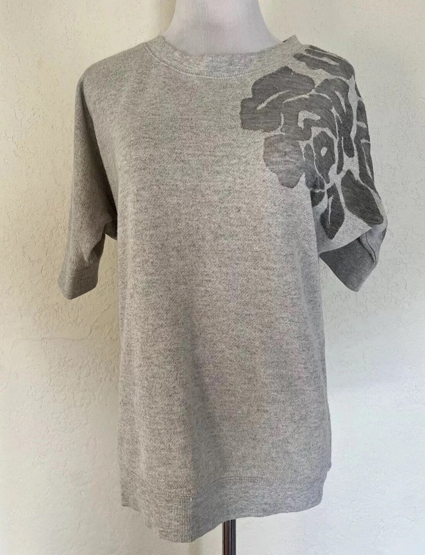 LOLA by BCBG Gray Sheer Shoulder Half Sleeve Sweatshirt Top Floral Shirt XS