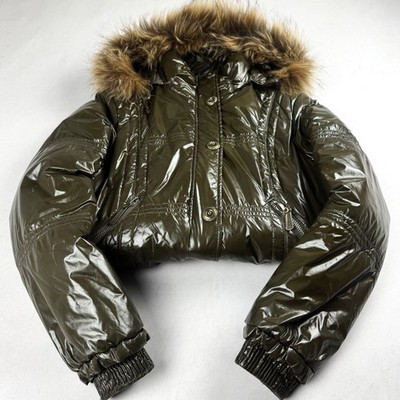 Womens Vintage Y2K Olive Green Shiny Puffer Jacket Faux Fur Hood Glossy Bomber