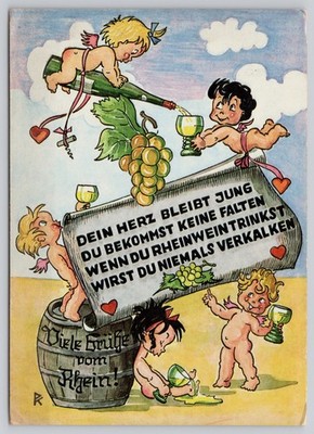 Postcard Art Cupids Enjoying Rhine Wine 71X