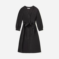 NEW Everlane The Cupro Blouson Dress Dark Grey Midi Sleeves Tie Waist 0