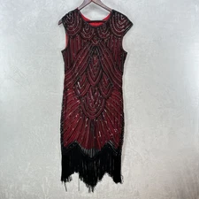 Gatsby Flapper Dress Womens XL Red Black Sequin Beaded Fringe Art Deco Cocktail