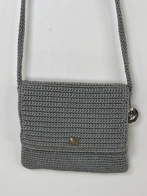 The Sak Crossbody Bag Small Crochet Gray Metallic Thread Flap Over Logo Charm