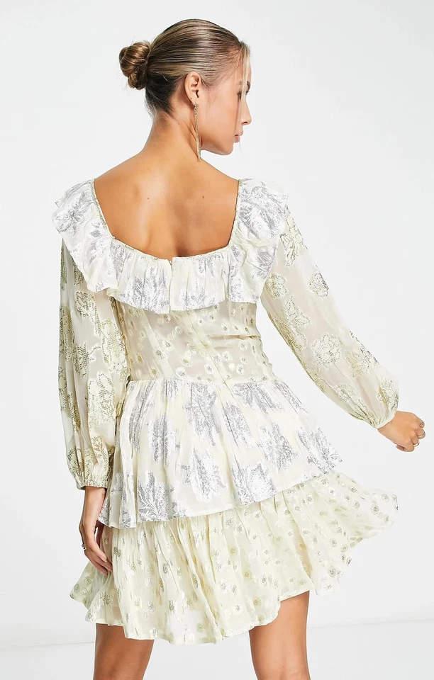 ASOS дизайн женщин металлический жаккард квадратный вырез оборки мини-платье в золото и S - Изображение 4 из 4