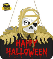 Halloween Decorations: Skull Wood Door Hanger Sign with Happy Halloween Message