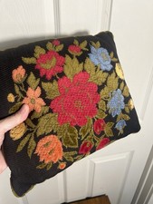 Vintage Black Multicolor Needlepoint Pillow With Colorful Flowers 11 Floral